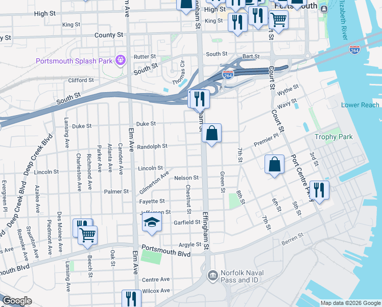 map of restaurants, bars, coffee shops, grocery stores, and more near 1807 Chestnut Street in Portsmouth