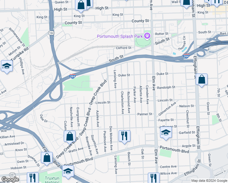 map of restaurants, bars, coffee shops, grocery stores, and more near 1700 Lansing Avenue in Portsmouth
