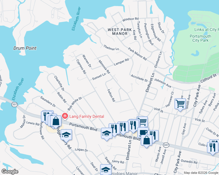 map of restaurants, bars, coffee shops, grocery stores, and more near 324 Corell Court in Portsmouth