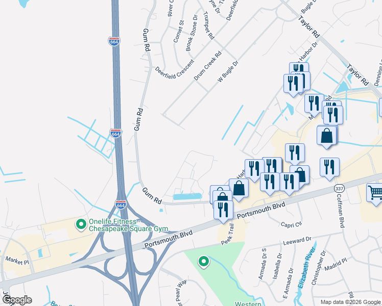map of restaurants, bars, coffee shops, grocery stores, and more near 4301 Colindale Road in Chesapeake