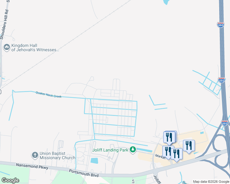 map of restaurants, bars, coffee shops, grocery stores, and more near 5013 Cape May Loop in Chesapeake