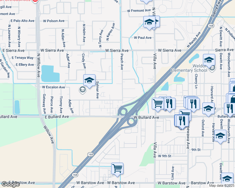map of restaurants, bars, coffee shops, grocery stores, and more near 430 Peach Avenue in Clovis