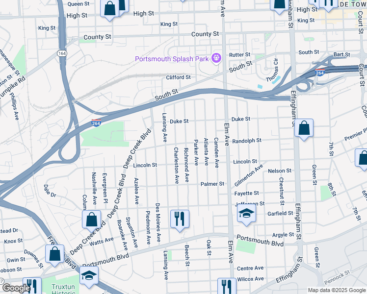 map of restaurants, bars, coffee shops, grocery stores, and more near 1704 Richmond Avenue in Portsmouth