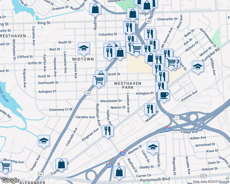 map of restaurants, bars, coffee shops, grocery stores, and more near 3508 Arlington Place in Portsmouth