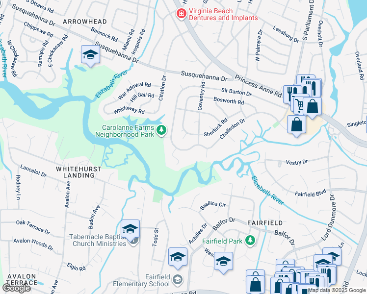 map of restaurants, bars, coffee shops, grocery stores, and more near 5416 Challedon Drive in Virginia Beach