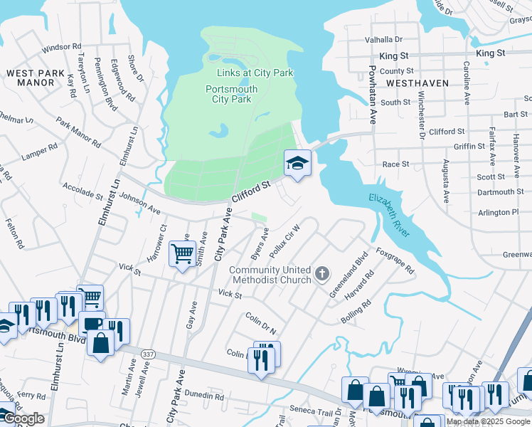 map of restaurants, bars, coffee shops, grocery stores, and more near 132 Byers Avenue in Portsmouth