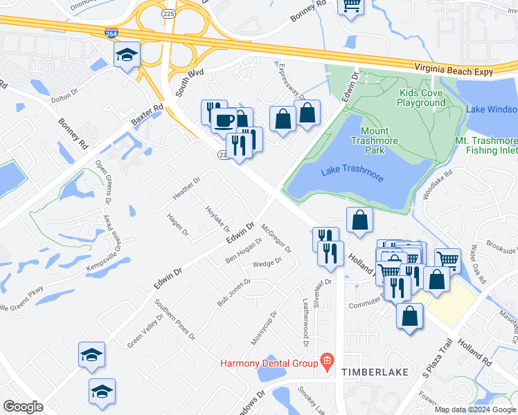 map of restaurants, bars, coffee shops, grocery stores, and more near 501 Edwin Drive in Virginia Beach
