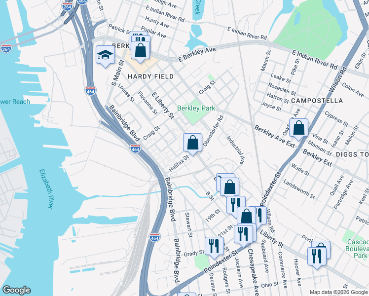 map of restaurants, bars, coffee shops, grocery stores, and more near 915 Halifax Street in Norfolk