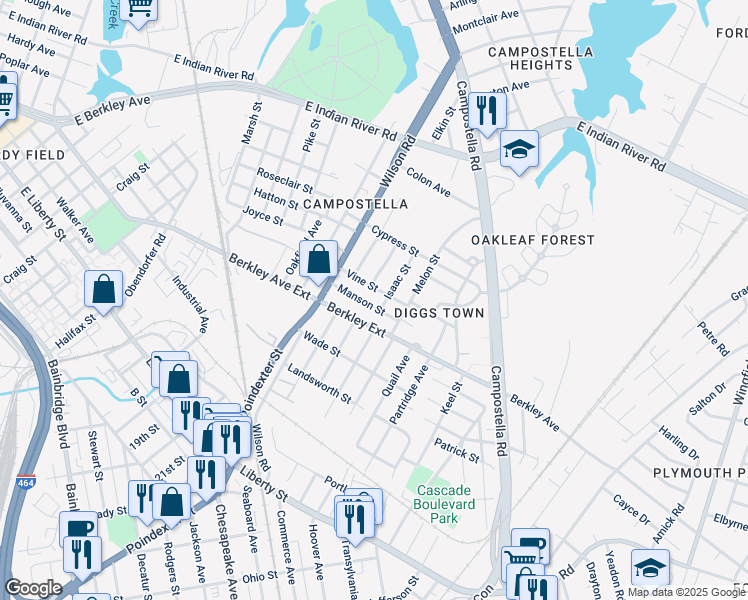 map of restaurants, bars, coffee shops, grocery stores, and more near 1538 Manson Street in Norfolk