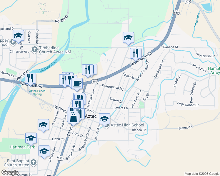 map of restaurants, bars, coffee shops, grocery stores, and more near 415 Bunker Avenue in Aztec