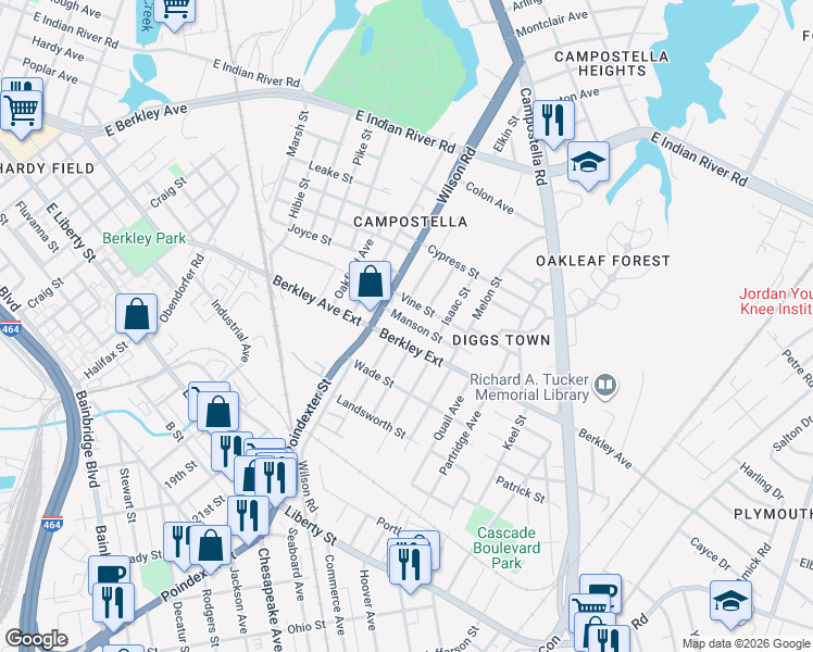 map of restaurants, bars, coffee shops, grocery stores, and more near 1513 Manson Street in Norfolk