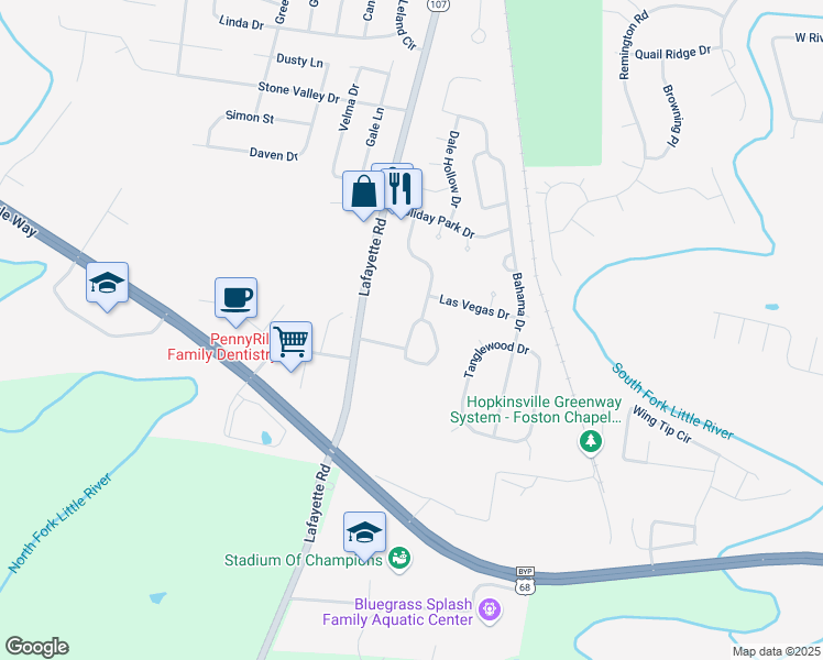 map of restaurants, bars, coffee shops, grocery stores, and more near Holiday Park School Road in Hopkinsville