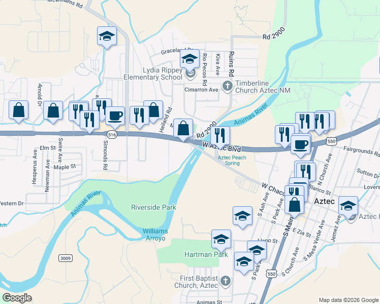 map of restaurants, bars, coffee shops, grocery stores, and more near 1000 West Aztec Boulevard in Aztec