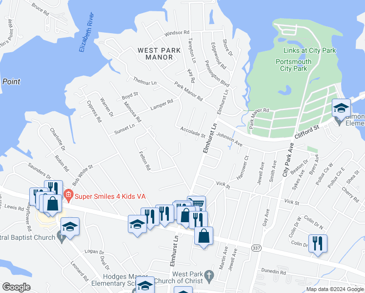 map of restaurants, bars, coffee shops, grocery stores, and more near 109 Patnor Drive in Portsmouth