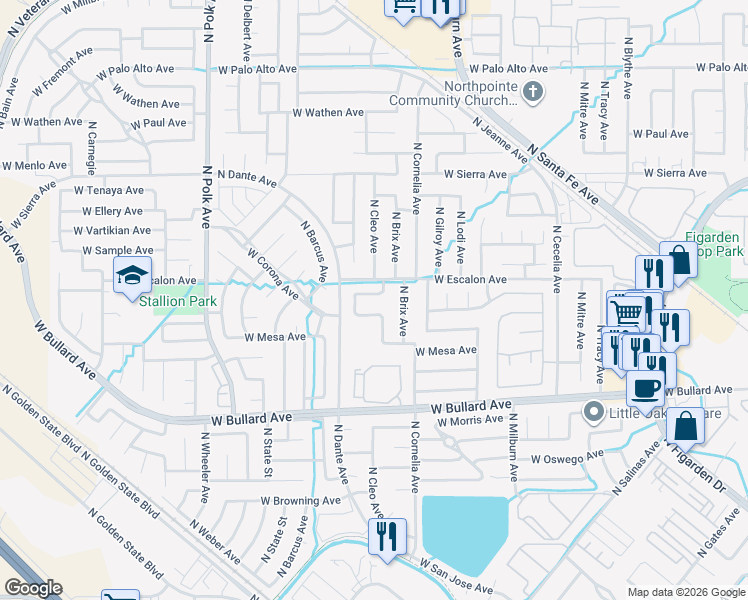 map of restaurants, bars, coffee shops, grocery stores, and more near 5127 West Stuart Avenue in Fresno