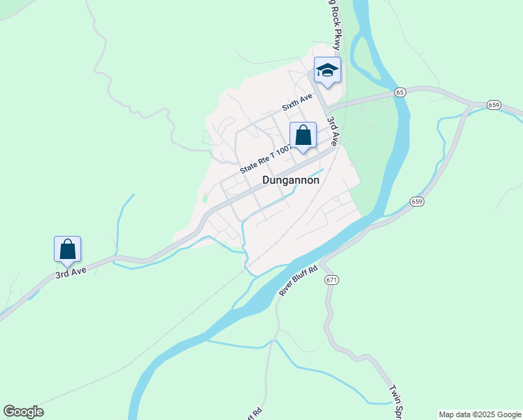 map of restaurants, bars, coffee shops, grocery stores, and more near State Route T 1016 in Dungannon