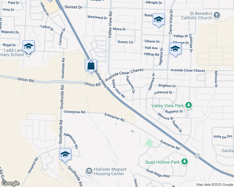 map of restaurants, bars, coffee shops, grocery stores, and more near 2360 Valley View Road in Hollister