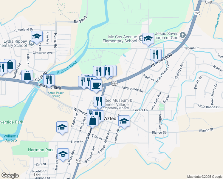 map of restaurants, bars, coffee shops, grocery stores, and more near 421 North Church Avenue in Aztec