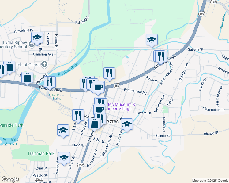 map of restaurants, bars, coffee shops, grocery stores, and more near 421 North Church Avenue in Aztec
