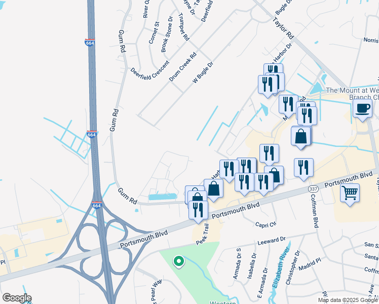 map of restaurants, bars, coffee shops, grocery stores, and more near 2404 Leytonstone Drive in Chesapeake