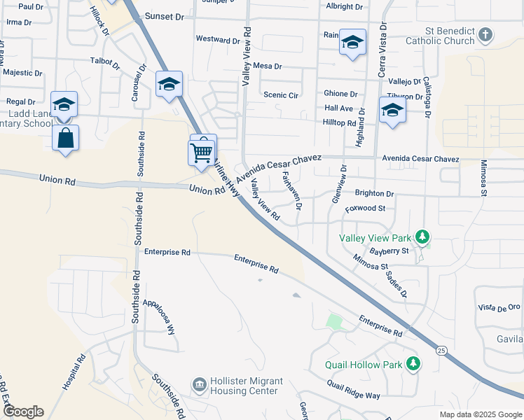 map of restaurants, bars, coffee shops, grocery stores, and more near 2360 Valley View Road in Hollister