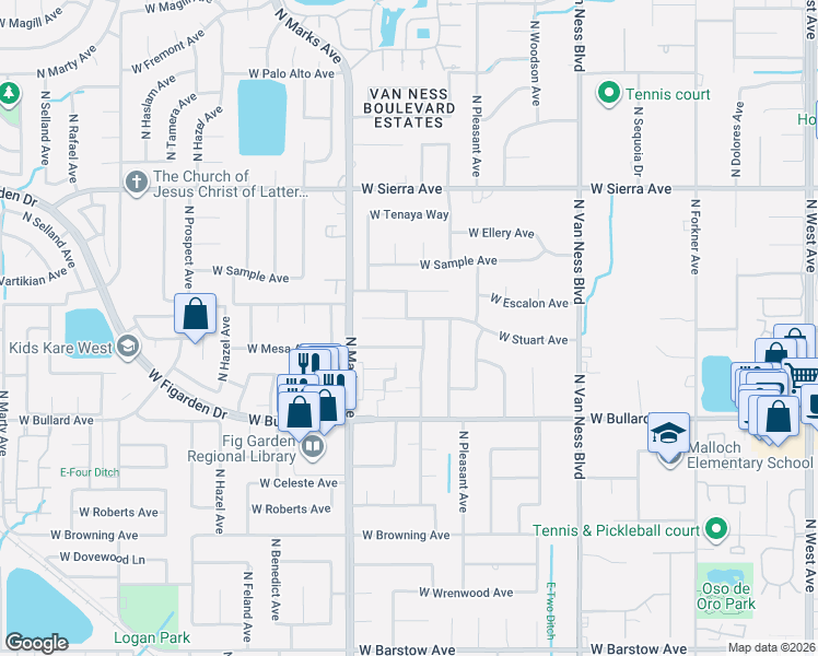 map of restaurants, bars, coffee shops, grocery stores, and more near 2712 West Mesa Avenue in Fresno