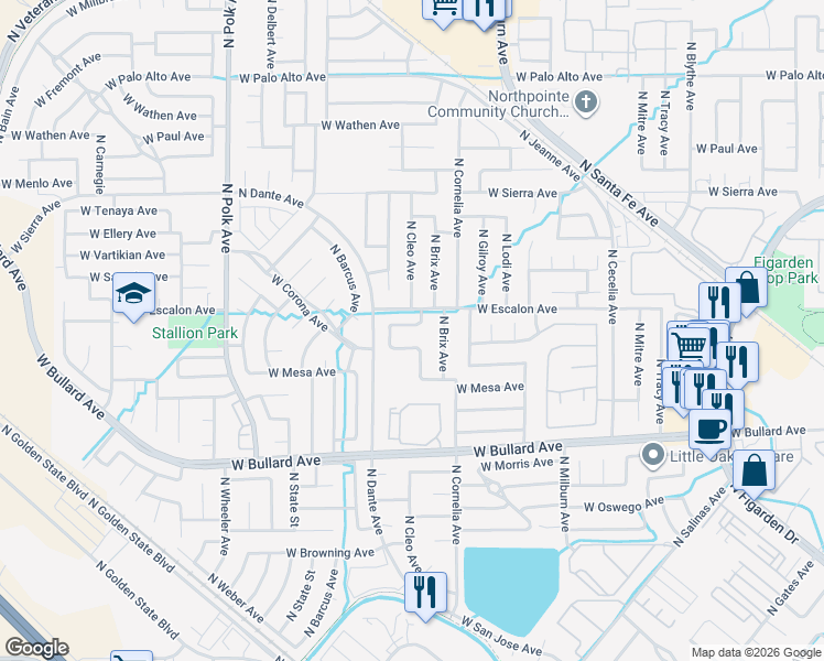 map of restaurants, bars, coffee shops, grocery stores, and more near 5127 West Stuart Avenue in Fresno