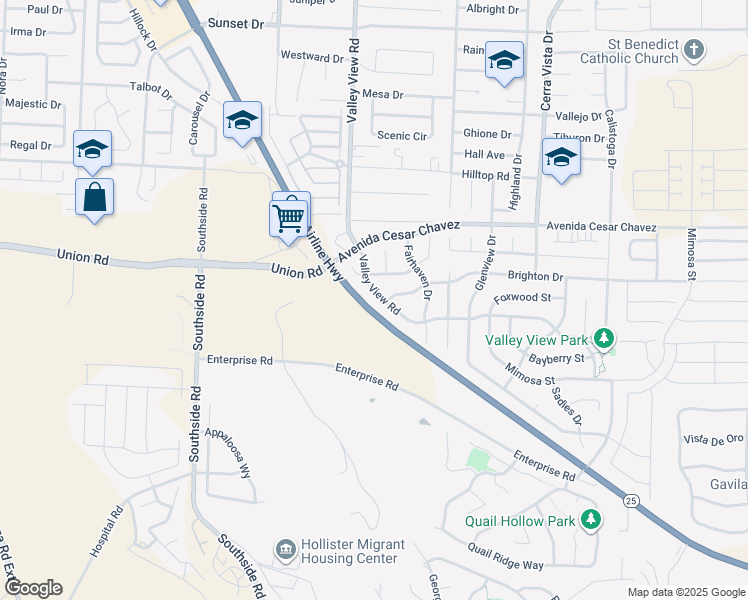 map of restaurants, bars, coffee shops, grocery stores, and more near 2420 Valley View Road in Hollister