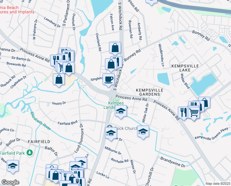 map of restaurants, bars, coffee shops, grocery stores, and more near 310e Virginia 190 in Virginia Beach