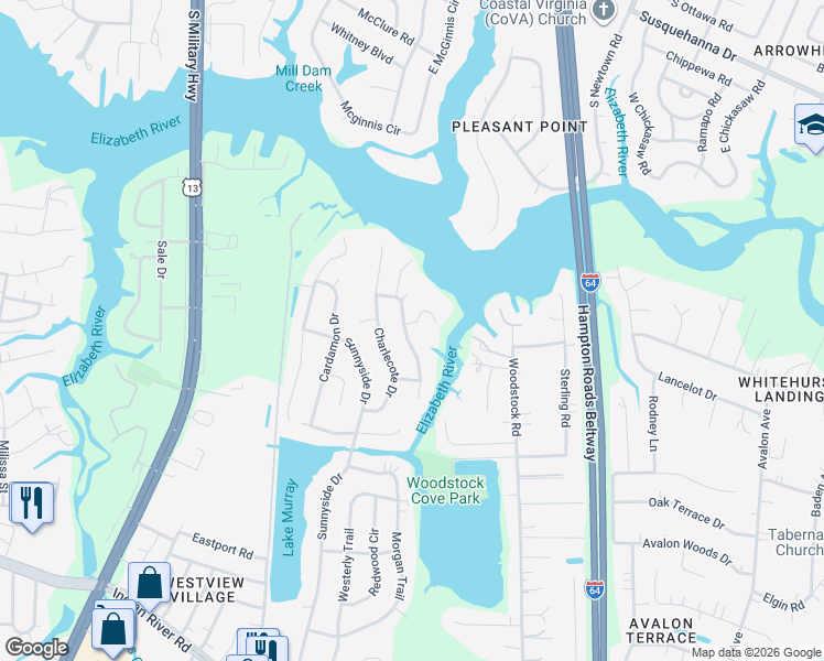 map of restaurants, bars, coffee shops, grocery stores, and more near 644 Copper Kettle Drive in Virginia Beach