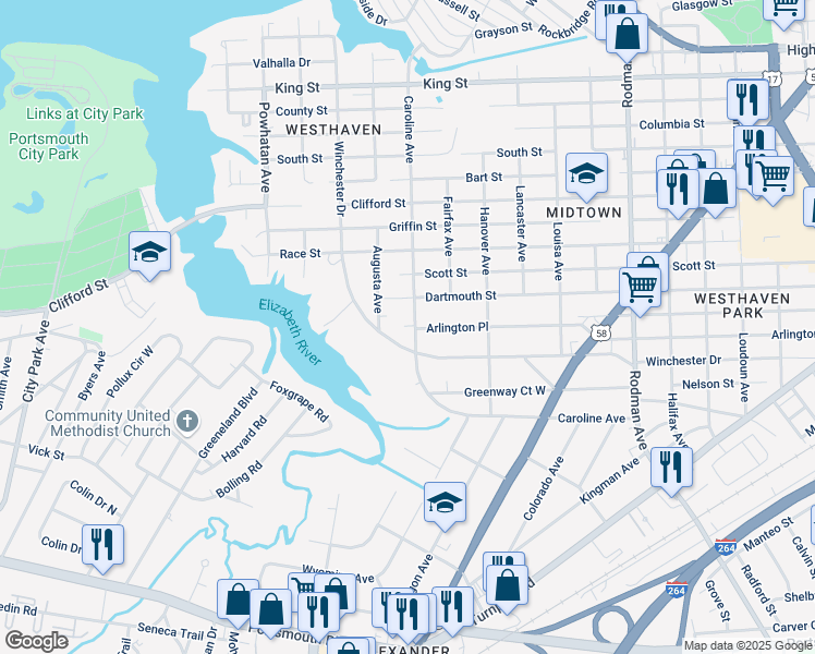 map of restaurants, bars, coffee shops, grocery stores, and more near 4300 Winchester Drive in Portsmouth