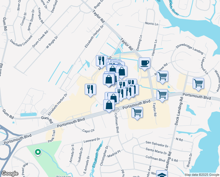 map of restaurants, bars, coffee shops, grocery stores, and more near 4200 Portsmouth Boulevard in Chesapeake