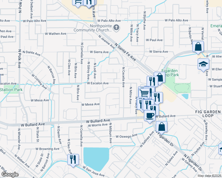 map of restaurants, bars, coffee shops, grocery stores, and more near 6190 North Alexis Drive in Fresno