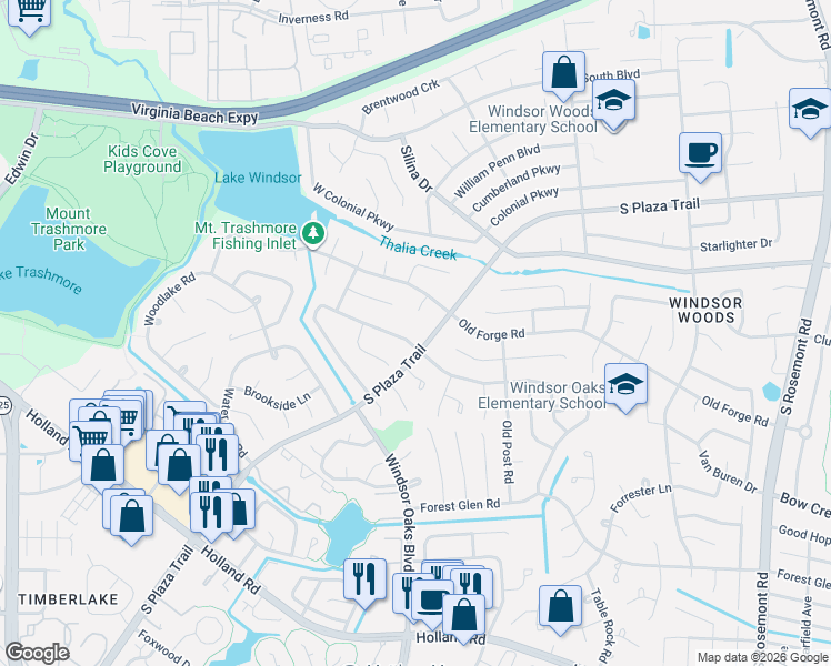 map of restaurants, bars, coffee shops, grocery stores, and more near 4001 Windsor Gate Place in Virginia Beach