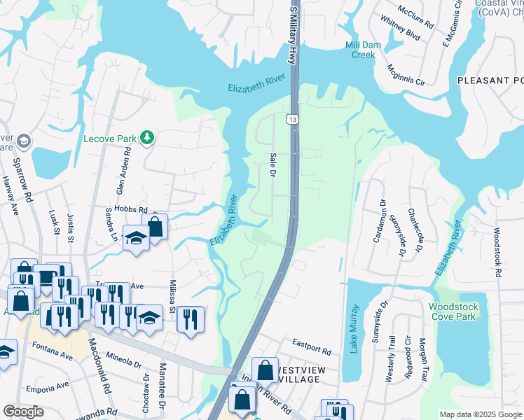 map of restaurants, bars, coffee shops, grocery stores, and more near 3404 South Crestline Drive in Virginia Beach