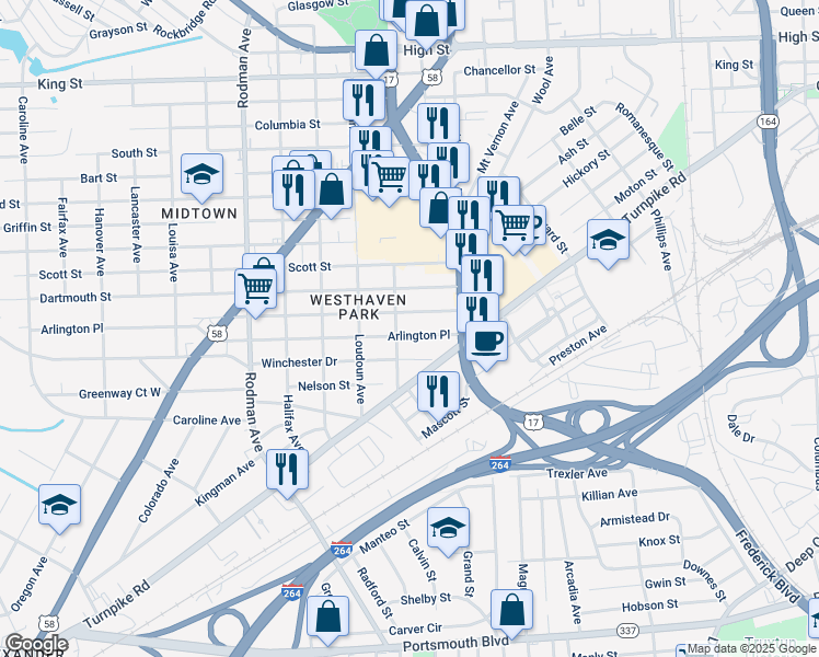 map of restaurants, bars, coffee shops, grocery stores, and more near 3206 Arlington Place in Portsmouth