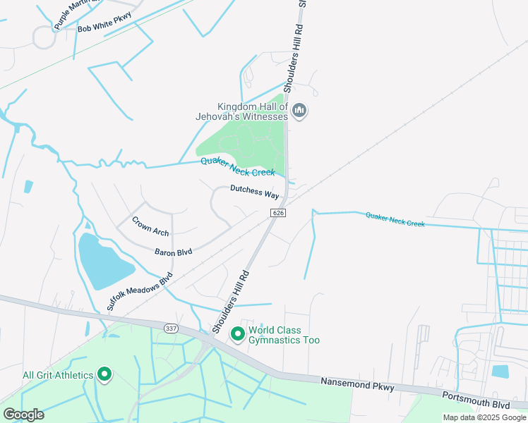 map of restaurants, bars, coffee shops, grocery stores, and more near 334 Baron Boulevard in Suffolk