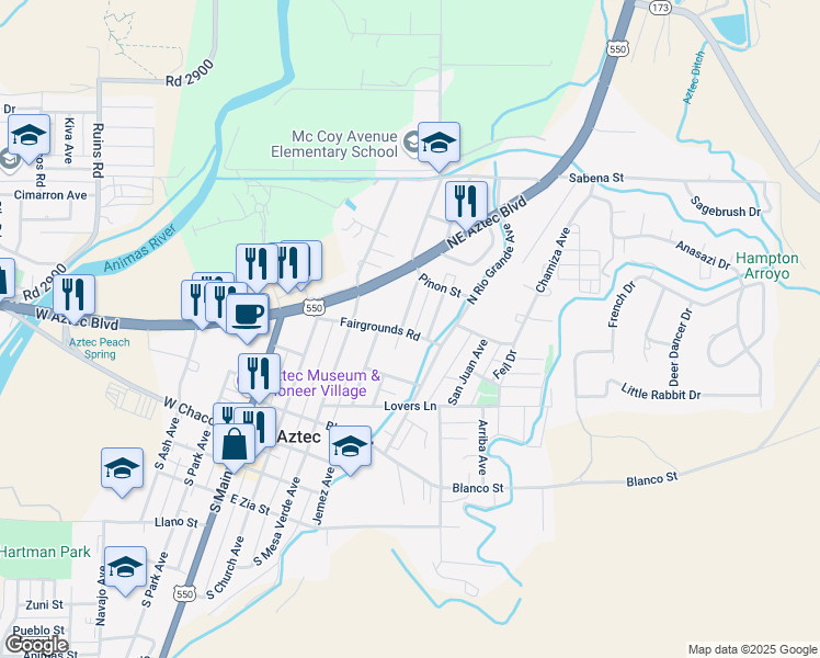 map of restaurants, bars, coffee shops, grocery stores, and more near 500 White Avenue in Aztec