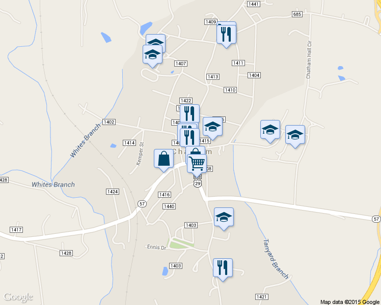 map of restaurants, bars, coffee shops, grocery stores, and more near 19 South Main Street in Chatham