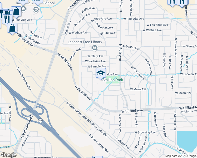 map of restaurants, bars, coffee shops, grocery stores, and more near 5650 West Escalon Avenue in Fresno