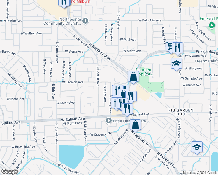 map of restaurants, bars, coffee shops, grocery stores, and more near 6173 North Tracy Avenue in Fresno