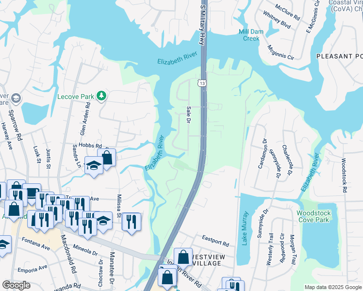 map of restaurants, bars, coffee shops, grocery stores, and more near 3404 South Crestline Drive in Virginia Beach