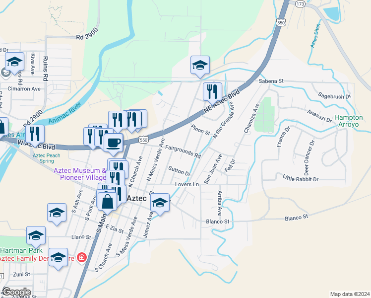 map of restaurants, bars, coffee shops, grocery stores, and more near 500 White Avenue in Aztec