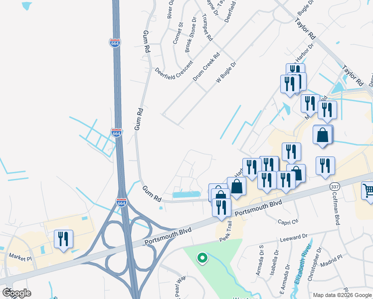 map of restaurants, bars, coffee shops, grocery stores, and more near 2508 Leytonstone Drive in Chesapeake