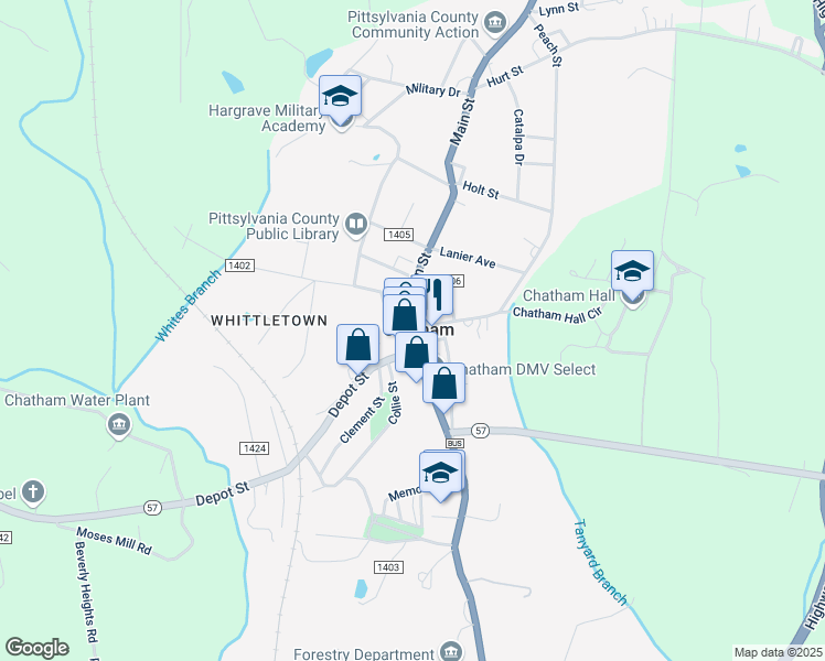 map of restaurants, bars, coffee shops, grocery stores, and more near U.S. 29 Business in Chatham