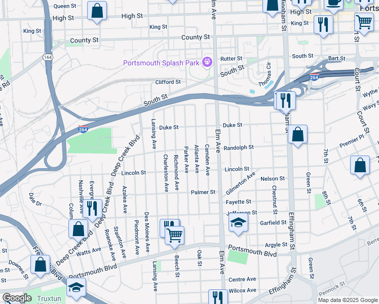 map of restaurants, bars, coffee shops, grocery stores, and more near 1701 Parker Avenue in Portsmouth