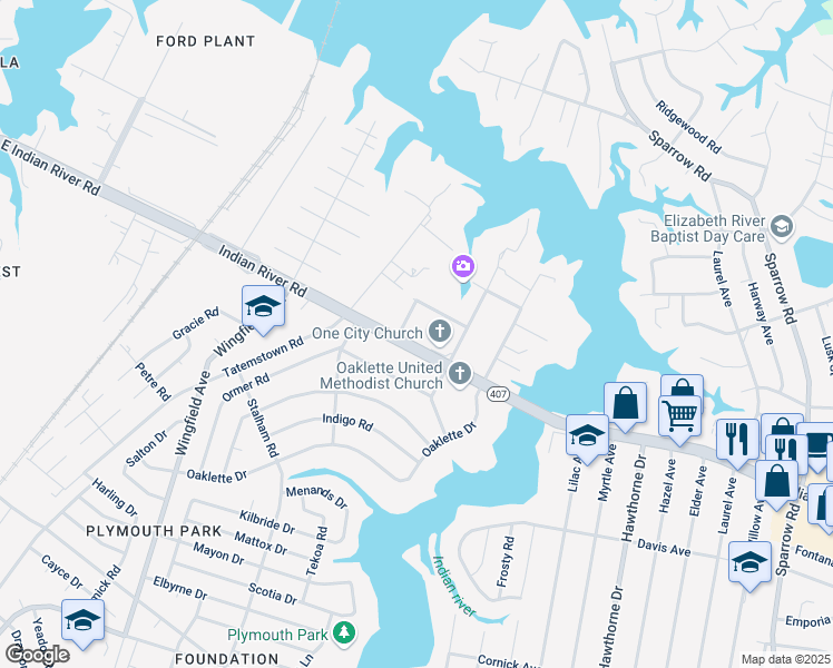 map of restaurants, bars, coffee shops, grocery stores, and more near 3310 Indian River Road in Chesapeake