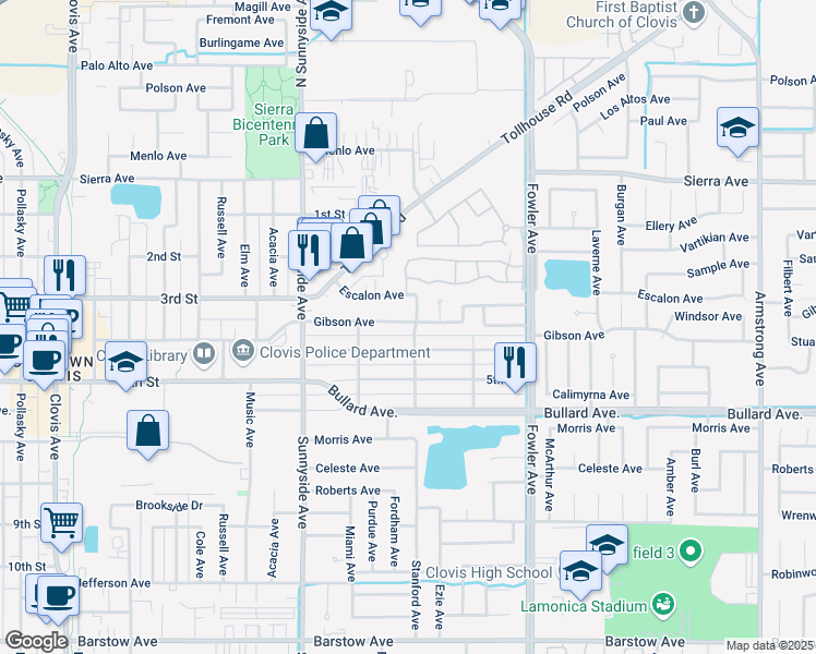 map of restaurants, bars, coffee shops, grocery stores, and more near 1604 4th Street in Clovis