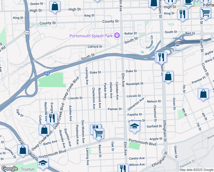 map of restaurants, bars, coffee shops, grocery stores, and more near 1701 Parker Avenue in Portsmouth