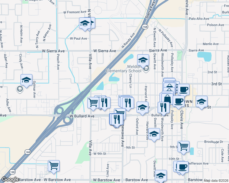 map of restaurants, bars, coffee shops, grocery stores, and more near 55 West Bullard Avenue in Clovis